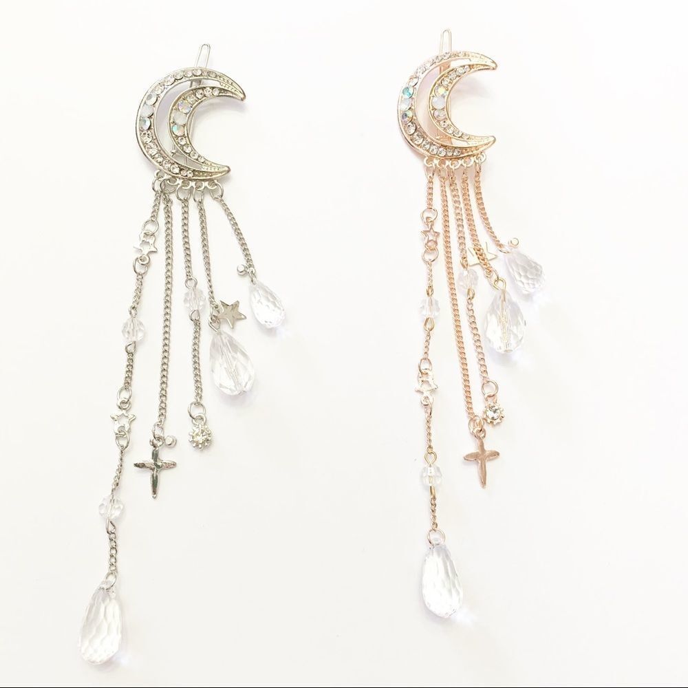 Sparkling Moon Crystal Long Dangle Hair Clip (F3)